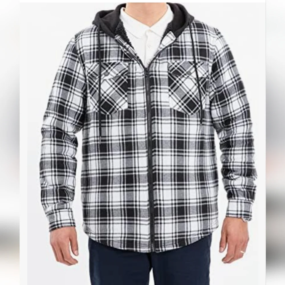 Plaid Hooded Jacket - Black and White/ Size Large/ Nwt - Picture 1 of 8